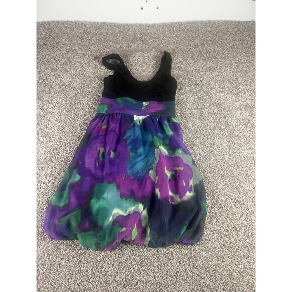 Express Floral Bubble Hem Dress Women's Purple Black Silk Chiffon Cocktail - XS